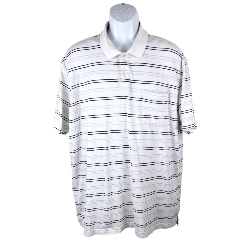 Saville Row Polo Shirt Men XXL White Striped Short Sleeve Collared Casual Tee
